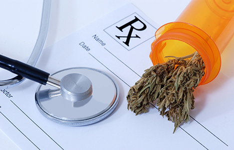Cannabis bud near medical items