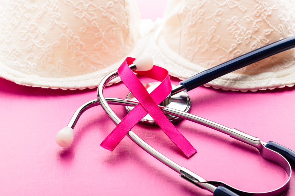 Healthcare medicine and breast cancer awareness concept. Closeup pink ribbon stethoscope on female bra and pink background.