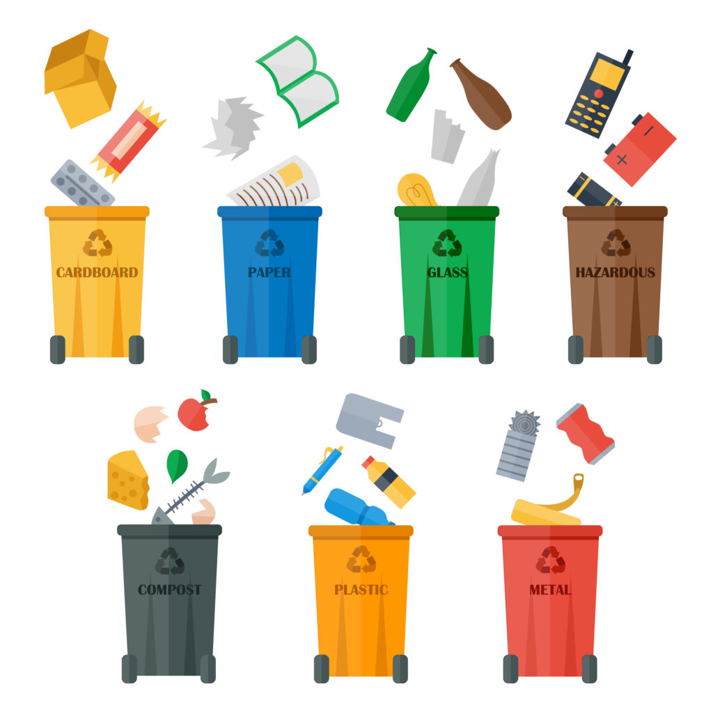 Waste sorting of garbage types set vector. Waste management and recycle concept. Separation of waste on trash metal garbage bins. Sorting waste recycling. Colored garbage cans with waste types vector.