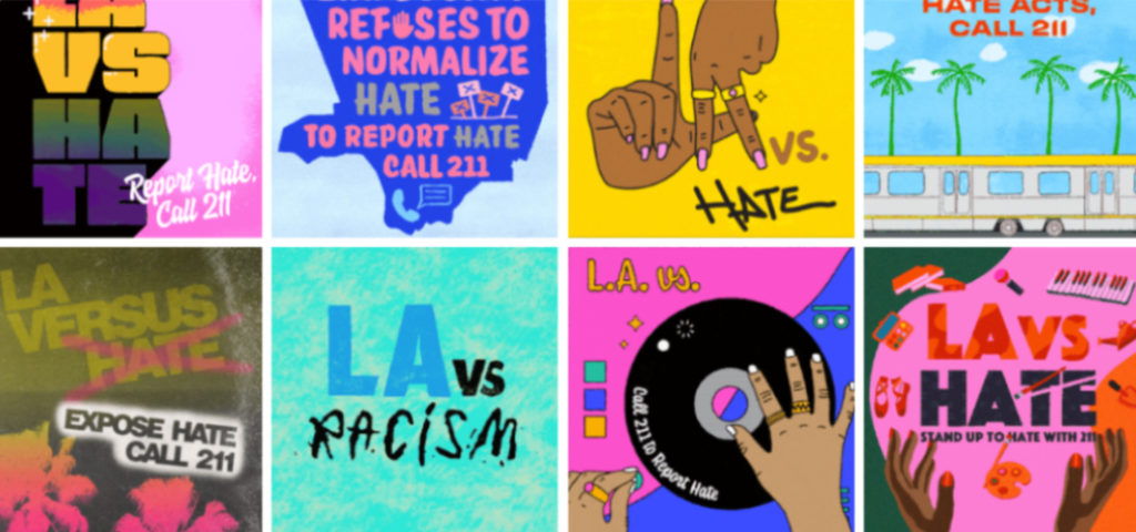 Collage de imágenes interactivas con el mensaje contra los crímenes de odio