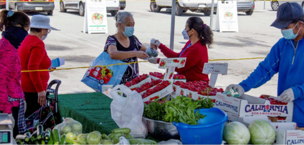 Personas comprando fruta en el mercado agrícola