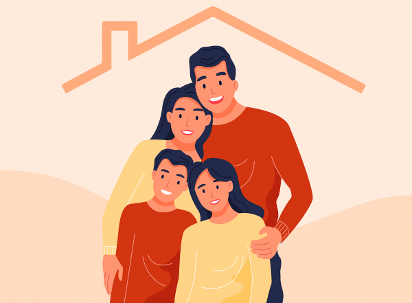 Ilustración de una familia bajo techo