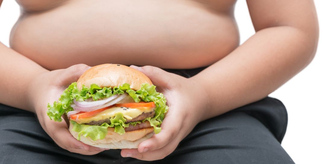 Niño obeso con una hamburguesa