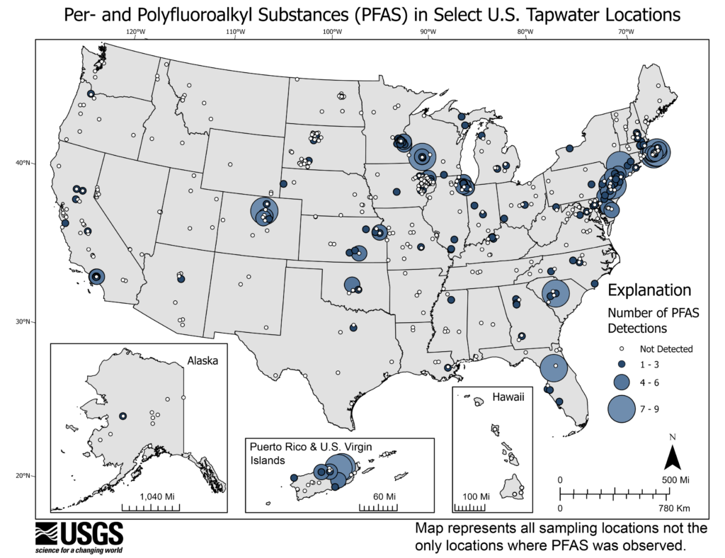 Mapa de zonas con PFAS en agua de la llave en Estados Unidos